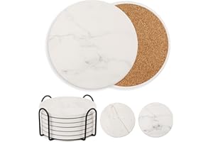 LotFancy Sottobicchieri Rotondi Con Supporto, 6 Pezzi Sottobicchieri in Ceramica Assorbente Rotondi con Base in Sughero, Antiscivolo, Superficie in Marmo, Sottobiccheri Rotondi Design Classico