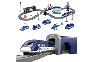 GENÉRICO BASAMOU Tren Electrico Juguete Niños 3 4 5 6 7 8 Años, 66 Piezas Tren Juguete con Coches y Accesorios de Vías, Flexibles Pista de Coches, Regalos Niños para Cumpleaños/Navidad (Azul Coche de Policía)