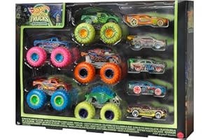 Hot Wheels - Monster Trucks Fluo Set con 10 Veicoli, 5 Monster Trucks e 5 Macchinine in Scala 1:64 che si Illuminano al Buio, Giocattolo per Bambini 3+ Anni, HCB57