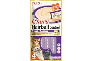 INABA Churu Hairball Snack Gatti per Prevenire le Palle di Pelo - Gusto Tonno, 4 Stick x 14g - Cibo per Gatti con Omega 3 e 6, Taurina e Vitamina E Contro i Boli di Pelo, Snack Funzionale
