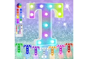 HEYCOLOR Colorful LED Marquee Letter Lights, RGB Shiny LED Letters with Remote, Glitter Light Up Letters Marquee Signs Battery Powered, Christmas Birthday Home Wedding Party Decoration, Letter T
