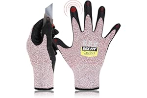 DEX FIT Gants de Travail Cru553 Résistants aux Coupures Niveau 5, Adaptation 3D Confortable Extensible, Agrippants Nitrile Durable, Smart Touch, Fins Légers, Lavables
