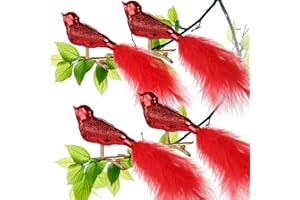 UNOLIGA Świąteczny Ptak Wystrój, 4pcs Szklany Ptak Dekoracyjny Czerwony, Ozdoby Choinkę, Sztuczne Ptaki z Piórkiem, Błyszczący Ptaki z Klipsem