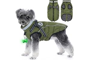 HezzLuv Hundemantel Winter, Hundemantel Wasserdicht, Warme Hundejacke mit Geschirr, Reflektierende Streifen, LED-Leuchtkragen, Winterjacken & Wintermäntel für Kleine, Mittelgroße Hunde