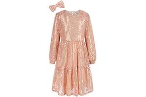 GRACE KARIN Robe à Sequins à Manches Longues Col Rond pour Petite Fille en Ligne avec Nœud pour Cheveux