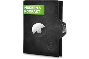 GENTO DESIGN GERMANY GenTo SMARTLET AIR portfel Slim Wallet – portfel z przegródką na monety – uchwyt na Apple AIRTAG – certyfikat TÜV ochrony RFID NFC – mały miniportfel – cienkie wąskie etui na karty dla mężczyzn i kobiet – w zestawie pudełko na prezent, czarny mat, AirTag | Kompaktes Münzfach | Reißverschluss