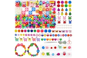 HAVACUE ㅤ HavaCue 420 Stück Bunte Holzperlen zum auffädeln,11 Arten perlen zum auffädeln kinder,Handwerk bastelset holzperlen mit Elastisches Seil,Schere,Pinzen für DIY Armbänder Schmuck Halsketten