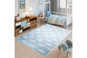 TAPISO Emma Tappeto Gioco Bambini Sala Giochi Cameretta Stanza Bambini Stampato Blu Pallido Bianco Nuvole Multicolor Antiscivolo Lavabile in Lavatrice 80 x 150 cm
