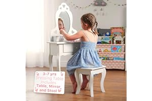 Runesol Girls Dressing Table (Age 3-7yrs) With Mirror and Stool, Children White Wooden, Kids Vanity Table with Crystal Knobs, Childs Dresser, Christmas Girl Gift, Kid Dressing Table Set