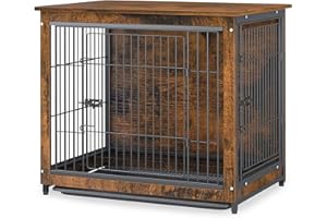 BingoPaw Gabbia per cane da interno: Kennel cane Mobile per cani Gabbia cani in Legno Metallo Casetta cane interno Gabbia arredamento con vassoio - Taglia Media Grande, Marrone Vintage 80,5x59x70cm