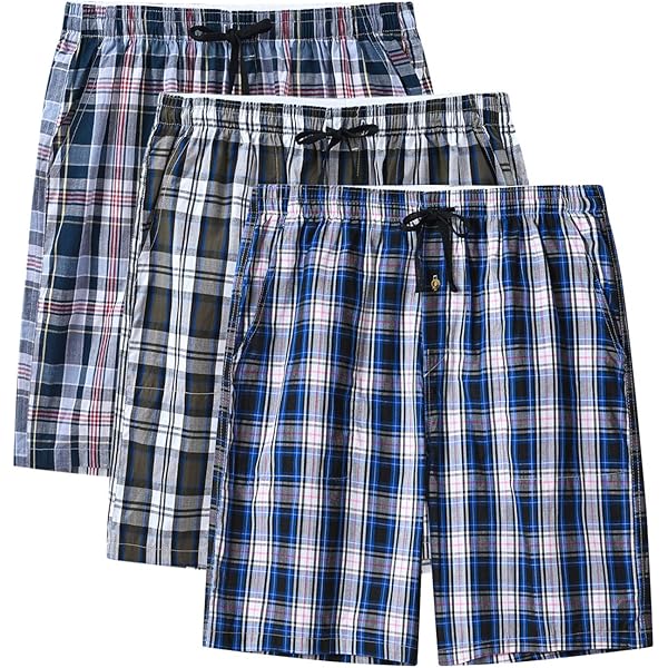 Huayuzh Pyjamabroek voor heren, korte pyjama, katoen, set van 3, geruit, slaapbroek, zacht, ademend, zakken, knoopsluiting, 3XL