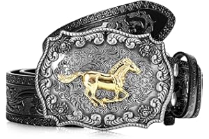 Xuniea Cintura Incisa Floreale in Pelle con Fibbia di Cavallo Occidentale per Uomo Cowboy (Nero, 45 Pollici Lungo)