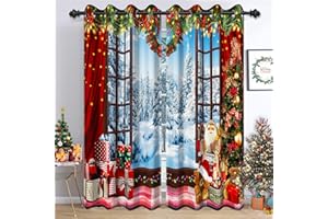 ‎TTINCCEER Ttincceer Weihnachtsvorhänge für Wohnzimmer Schnee Landschaft außerhalb des Fensters Verdunkelung Fenster Vorhänge für Schlafzimmer Rot Vorhang Tannenzweig Kranz Fenster Vorhänge 2 Panels 117x138cm