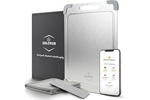 EKLOVER Tagliere in Acciaio Inox 316 30×20 cm – Double Face con Innovativa Finitura “Grano di Riso”, Gocciolatoio e Angoli Antiscivolo – Incl. Affilacoltelli, Panno, Box Premium e App 50 Ricette