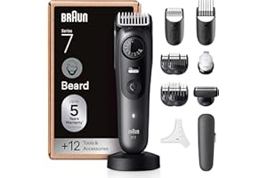 Braun Tondeuse À Barbe Series 7, + 12 Outils de Barbier, Lame ProBlade Affûtée Et Inusable, Jusqu'à 120 Min D'autonomie, 40 Longueurs, Étanche, Molette De Précision Et Verrouillage, BT7545, Gris