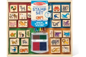 Melissa & Doug Deluxe stämpelset av trä: Djur – 30 stämplar, 6 markeringspennor, 2 stämpelkuddar, barnpysselprojekt, trästämplar med tvättbart bläck, djurstämpel av trä för barn från 4 år