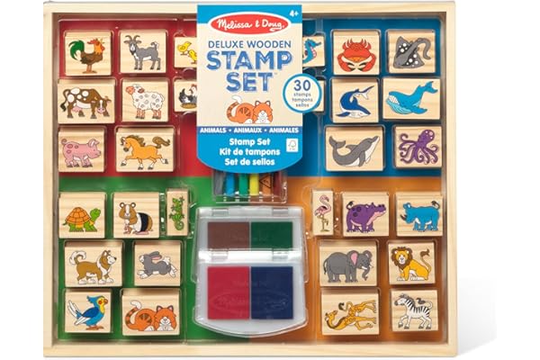 Melissa & Doug - 30 Tampons Animaux, 4 Couleurs d'encre + 6 Marqueurs - Jouet en Bois - Loisir Créatif - Jouet Activité, Développement Et Apprentissage - Cadeau Enfant 4 Ans Et +