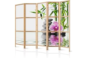 decomonkey 5 panel Room Divider - 89" x 68" / 225 x 171cm Water Stones Flowers Nature Decorative Privacy Screen for Room Separation Home Office Spa