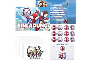 Oirigaga Einladungskarten Kindergeburtstag Jungen, 12 Stück Deutsche Geburtstag Einladungskarten, Partyeinladungen mit Umschlägen und runden Aufklebern, Cartoon Spidey Einladung Set für Kinder