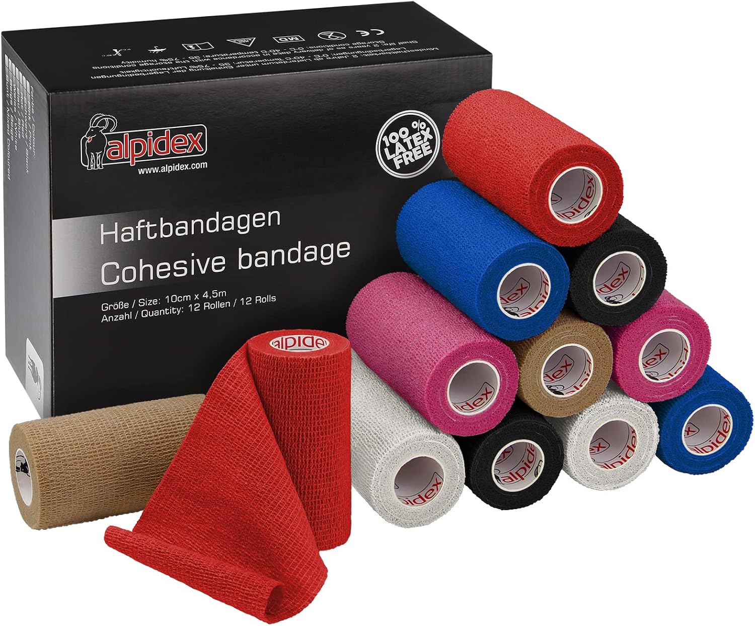 ALPIDEX 12 Rollos Venda Adhesiva 10 cm x 4,5 m Venda Cohesiva Envoltura Tape Deportiva Bendaje Autoadhesiva Mano Rodillas Tobillo Vet Wrap Perro Gato Caballo, Color:colores surtido
