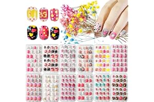 Kalolary 12 scatole bambini Unghie finte, Set di unghie finte per bambini Modello arcobaleno Kit Stampa su pre-colla Full Cover Unghie finte per ragazze con 2pcsi adesivi per unghie colla doppio lato