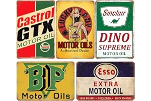 AHZFOX Automóvil Autocycle Aceite Lubricantes Gasolinera Vintage Cartel de chapa Cartel Garaje Pub Hombre Cueva Decoraciones de pared 8 " x 12" 5 piezas