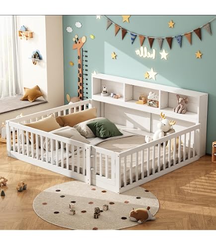 Lit Cabane Enfant 2 Places 90x200 - Lit Au Sol Montessori Avec Barrières - En Pin Et MDF - Blanc - Pour Chambre Partagée - 4