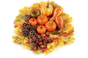 BINGGUNYO 128 Pezzi di Decorazioni Autunnali con 8 Zucche Artificiale, 100 Foglie di Acero, 15 Ghiande, 5 Pigne, Autunnali Decorazione fai da te, Decorazioni per Banchetti del Ringraziamento di Halloween
