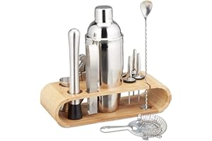 ‎RELAXDAYS Relaxdays Cocktail Set, 11-teiliges Profi Bar Set, Ständer, Shaker, Barmaß, Ausgießer, Eiszange, Edelstahl, silber/natur, 25.5 x 27.5 x 10.5 cm