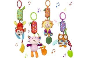 WolinTek 4 PCS Juguetes Colgantes de Animales para bebés, Colgantes para cochecitos de bebé,Sonajero recién Nacido, Sonajeros Suaves Juguetes para bebés de 3 6 9 12 Meses Niños y niñas