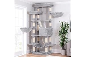 Heybly Rascador para Gatos, Árbol para Gatos, Altura 173 cm, Torre de Gato, con 17 Postes Rascadores, 2 Plataformas, 2 Cesta, 1 Cueva, 1 Hamaca, 2 Pompones, Tela de Felpa, Gris Claro HCT025W