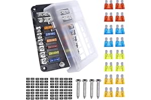 HISports 12 Way 12V Fuse Box with LED Indicator, Dustproof & Waterproof Protection, 5A to 20A Fuses, for RV, Car, Boat, Marine, Truck