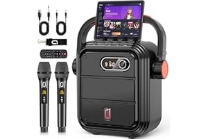 JYX Karaoke Machine with 2 Wireless Microphones, Portable Bluetooth Speaker with Shoulder Strap, Power Amplifier PA Subwoofer Support TWS, FM, AUX In, Bass&Treble for Party/Meeting