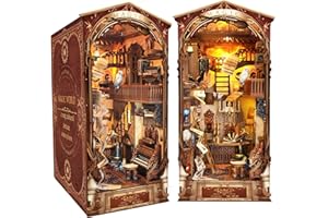 MOJINO DIY Book Nook, Miniature a Construire avec Lampes LED Livres Maison de Puzzles 3D kit de Puzzles Maquette en Bois a Construire avec Meublé pour Décoration de la Bibliothèque et Cadeaux C