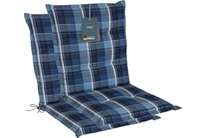 ‎LILENO HOME LILENO HOME Gartenstuhl Auflagen als [2er Set - Niedriglehner] in Karo Blau - Bequeme Liegen als Sitzauflagen für Gartenmöbel - Stuhlkissen für Gartenstühle und Klappstühle