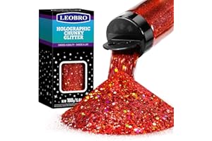 LEOBRO Holographic Red Chunky Glitter 160G/5.64OZ, Resin Glitter Powder Sequins Flakes for Christmas