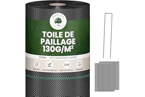SKYLANTERN Toile de Paillage 50m² très épais 130g / m2 + 100 agrafes en Acier galvanisé - Geotextile Anti Repousse Gravier 50Mx1M pour Terrasses et Allées - Bache Noire Agricole + 100 Sardines