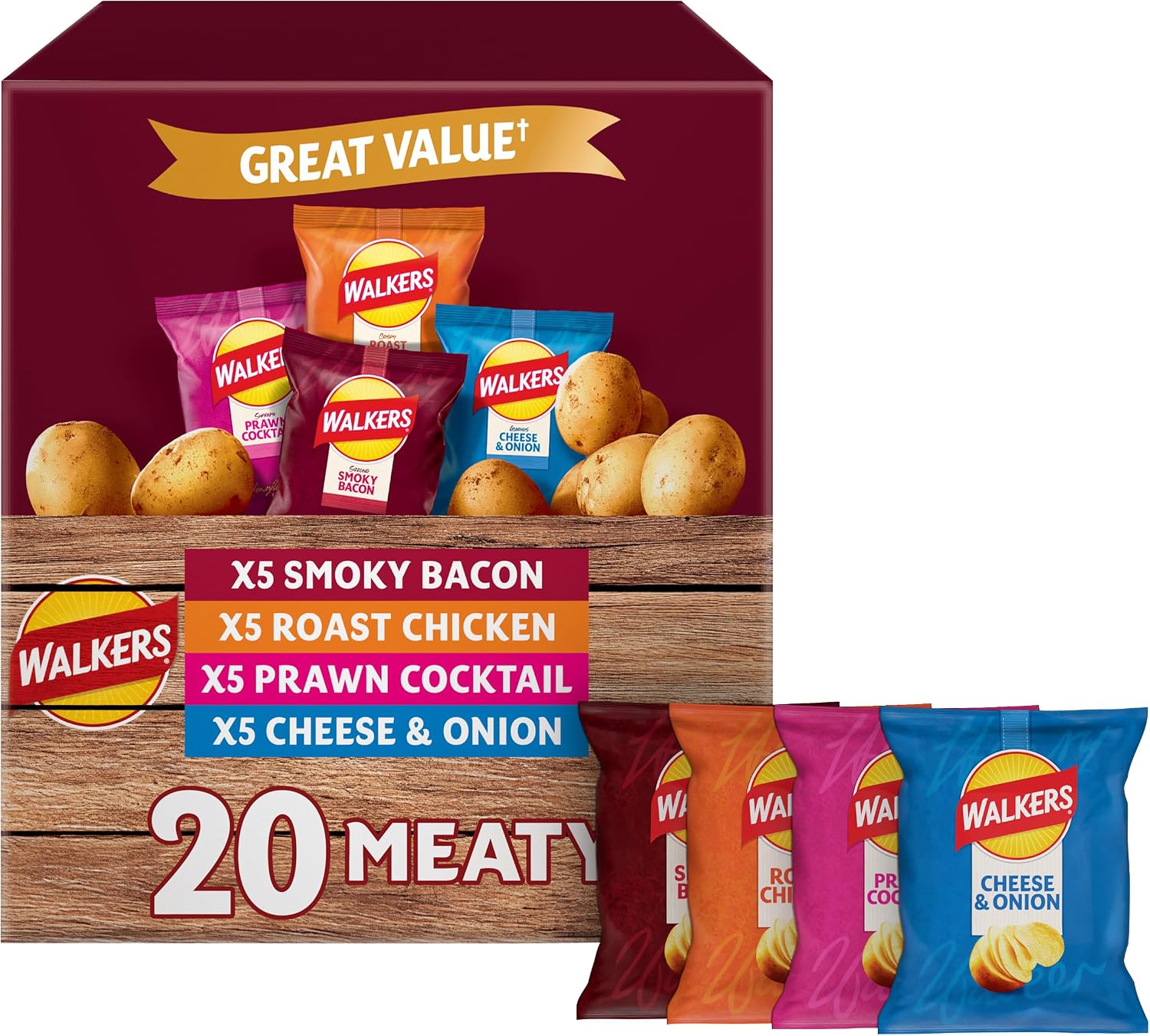 Walkers Meaty Variety Multipack Crisps Box 20x25g, Red