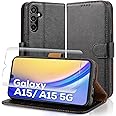Case Collection for Samsung A15 Phone Case and Screen Protector - Leather Folio Flip [Kickstand] Shockproof Cover [RFID Blocking] Magnetic Wallet for Samsung Galaxy A15 5G Case Black