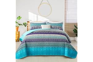 WONGS BEDDING Colcha de 200 x 220 cm, manta bohemia de 3 piezas, edredón acolchado de microfibra con 2 fundas de almohada de 50 x 75 cm para dormitorio como manta de sofá (azul)