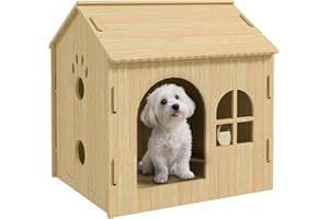 PawHut Hundehütte mit Fenster, Katzenhaus mit niedliches Pfoten-Design, Montage ohne Schrauben, für kleine Hunde unter 4 kg, Indoor, 49,5 x 41 x 51 cm, Eiche