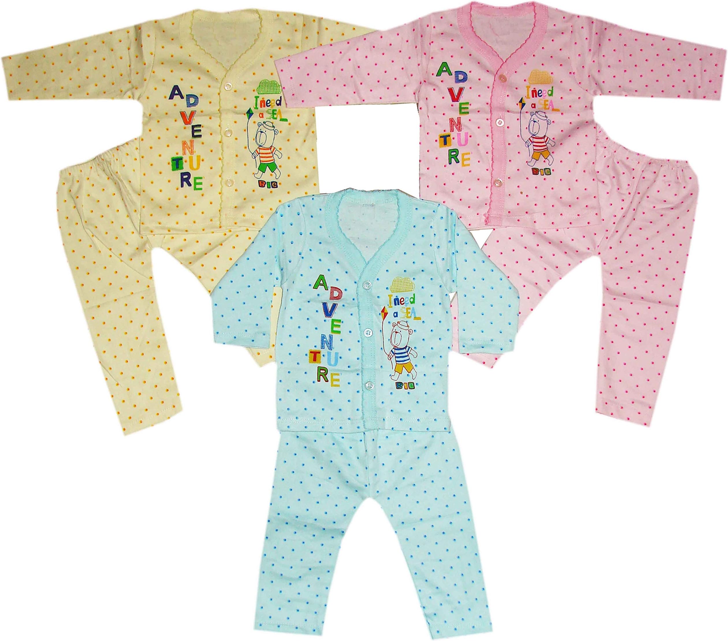 KIFAYATI BAZARkids Baby unisex Full Sleeves Soft Hosiery Cotton Vests Jhabla T-Shirts with Pajama Pant Dress for Infant Toddler New Born Clothes 3-Set Pack