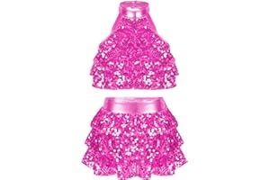TiaoBug Vestido Lentejuelas de Danza para Niña Maillot Elástico de Patinaje Artístico Vestidos de Baile de Salón Danza Contemporáneo Jazz Vestido Brillante
