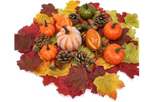 BIHIYII 128Pcs Artificial Pumpkins Autumn Decorations Set, Halloween Fake Pumpkin, Fall Leaves, Pine Cones, Gourd, Small Acorns for Halloween Thanksgiving Fall Harvest Table Home Decor