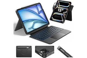 ‎HOU HOU 360° Drehbare Abnehmbare Hülle mit Tastatur für iPad Air 13" (M3/M2) 2025, 13" iPad Pro (M5/M4) /Pro 12.9",155° Verstellbarer Ständer, Trackpad, 7-Farb-Beleuchtung, Stiftetui für Pencil, QWERTZ