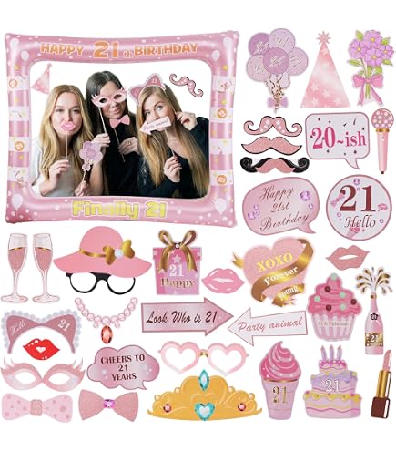 33pc Rose Gold 21st Birthday Photo Booth Props Kit – Funny Party Decorations