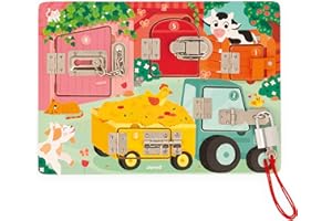 Janod - Brett mit Schlössern - Der Bauernhof - Aktivitätsbrett - 5 Schlosstypen - Spielzeug aus FSC-Holz - Ab 3 Jahre, J07119