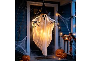 Upplyst hängande spöke halloween dekoration med häxhatt, 80 x 90 cm