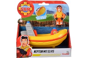 Brandman Sam Neptun med Elvis-figur, kör på land och simmar i vattnet, båt 17 cm, figur 7 cm, från 3 år