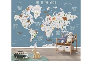 MWSSEGGE Papier Peint Panoramique Enfant, Papier Peint Intissé Monde Carte Animale Murale Pour Chambre De Fille, Garçon, Chambre De Bébé Salon Chambre Décor (200x150 cm,A)